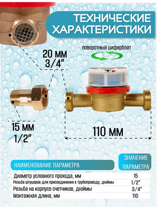 ЭКОМЕРА Счетчик воды мокроход (D-15мм, L-110мм) с глицерином с КМЧ, белый, фото 4
