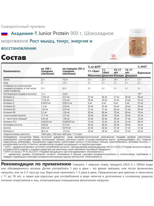 АКАДЕМИЯ-Т Junior Protein 900 г, Шоколадное мороженое, 900 г, фото 2