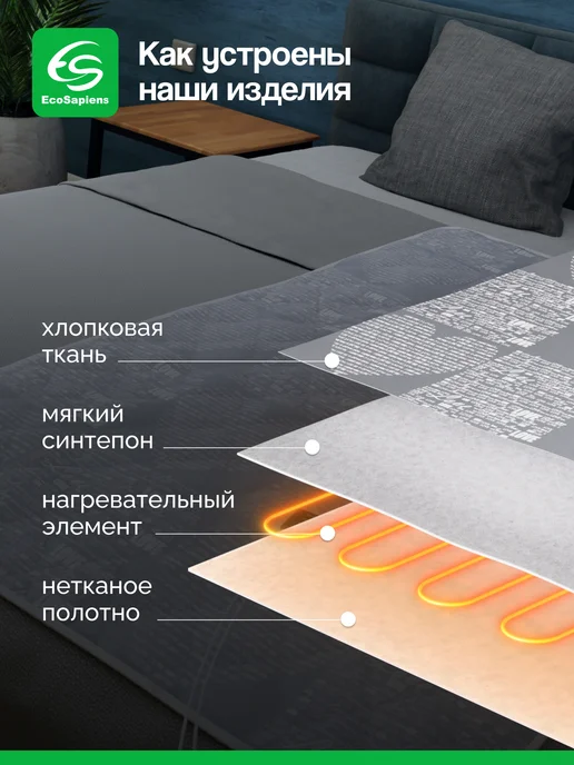 EcoSapiens Электропростынь односпальная с подогревом Linen,150*90, 150x90 см, фото 4