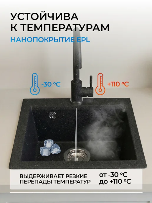 AV engineering Раковина мойка для кухни каменная врезная с сифоном Solo, черный, фото 6