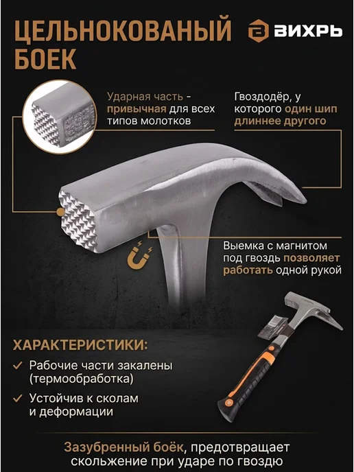 Молоток строительный с гвоздодером — фото 2