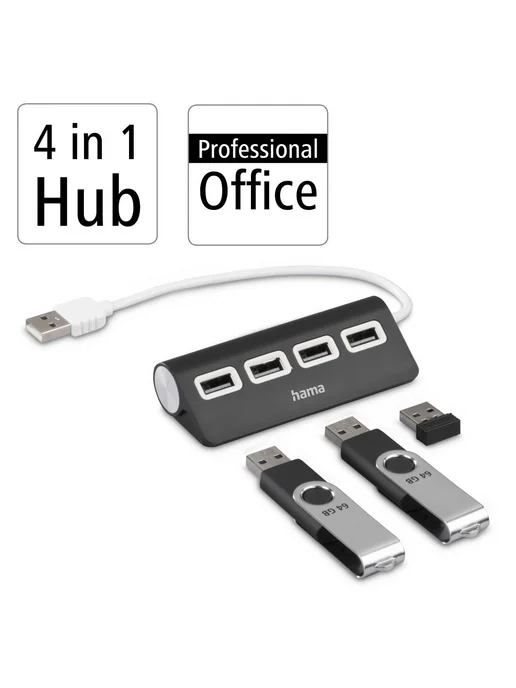 HAMA USB Хаб, 4 порта, 4x USB-A - USB 2.0, 480 Мбит с, черный, фото 4