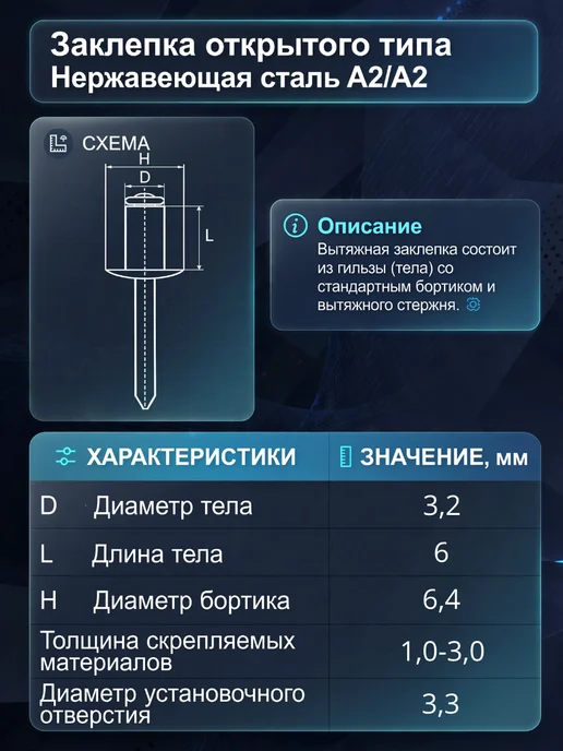 Заклепка Нержавеющая вытяжная A2 3,2х6 25 шт нерж клепки, 3.2x6, 25 шт, фото 2
