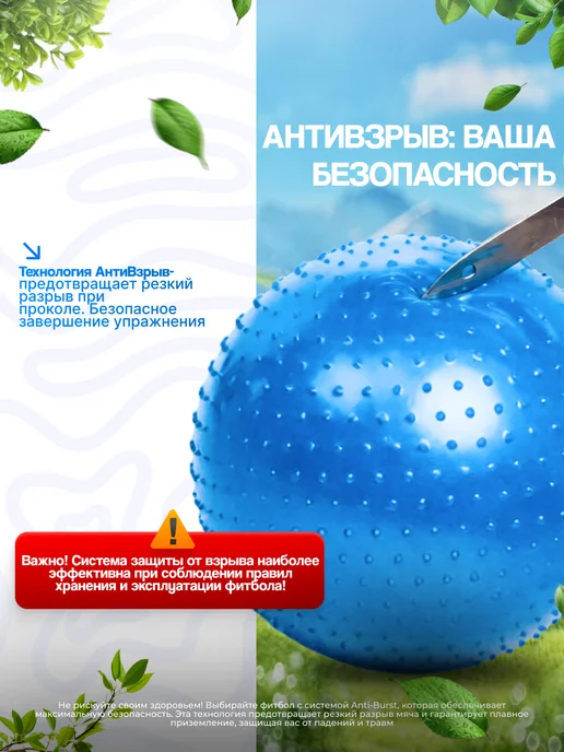 Фитбол массажный 55 см, мяч гимнастический с насосом, голубой, фото 4