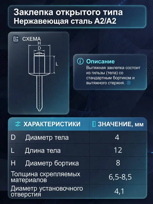 Заклепка Нержавеющая вытяжная A2 4х12 25 шт нерж клепки, 25 шт, фото 2