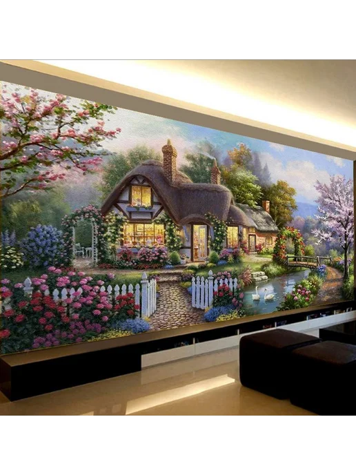 Алмазная мозаика "Озеро Луна Дерево" 100х55 см круглая, 100x55 см, фото 2