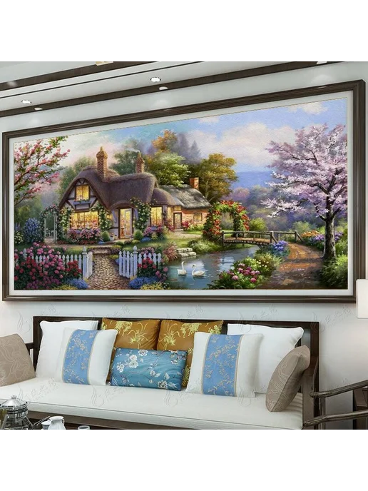 Алмазная мозаика "Озеро Луна Дерево" 100х55 см круглая, 100x55 см, фото 3