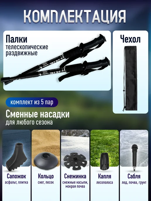 Блин-да-Гриф Палки для скандинавской ходьбы складные трекинговые 65-135, черный, фото 3