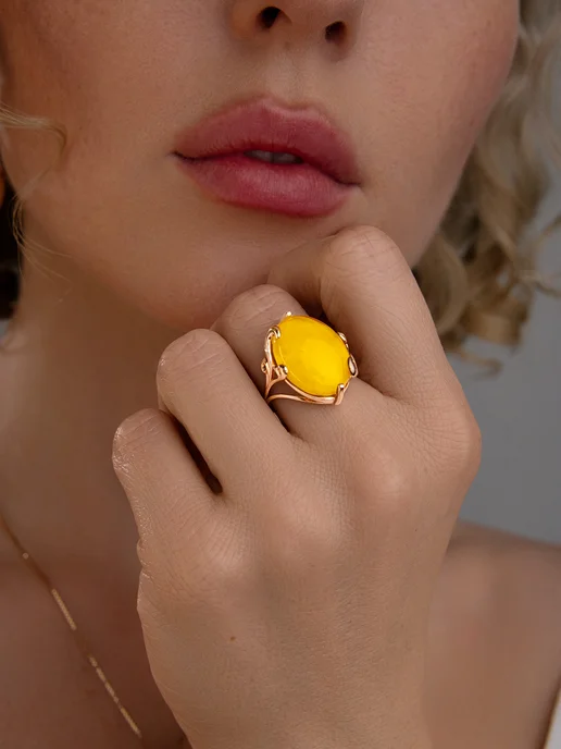 JEWEL MAKERS Кольцо с натуральным янтарем бижутерия, желтый, фото 3