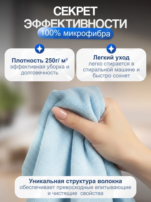 Салфетка для уборки из микрофибры, голубой, 3 шт, фото 4