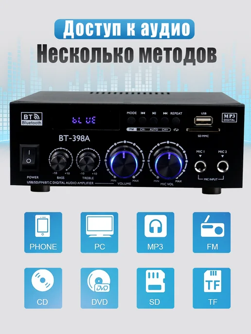 MINP усилитель звука для колонок,интегральный,bluetooth FM 220BT, черный, фото 4