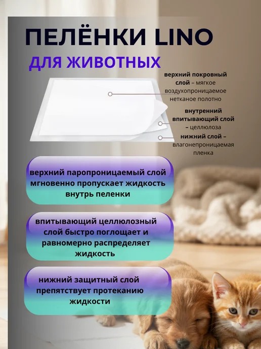 LINO Пеленки для животных одноразовые впитывающие 20 штук, 60x60, 20 шт, фото 3