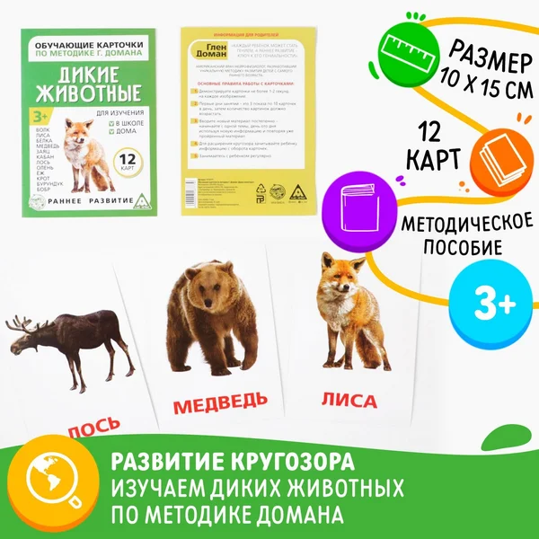 Обучающие карточки по методике Дикие животные