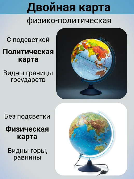 Globen Глобус физико-политический рельефный 25 см, от сети, вариант, фото 2