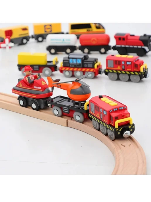 Toy'lbe Пожарный поезд с вертолетом для деревянной железной дороги, черный, фото 4