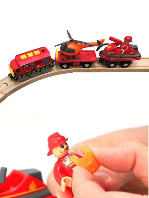 Toy'lbe Пожарный поезд с вертолетом для деревянной железной дороги, черный, фото 5