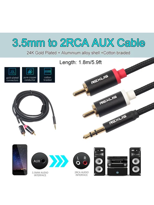3,5 мм на 2 RCA аудиокабель 1,8 м чёрный, 1,8 м, фото 2