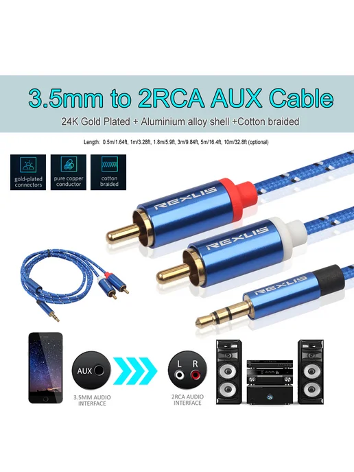 3,5 мм на 2 RCA AUX аудиокабель, 1,8 м, синий, 5 м, фото 3