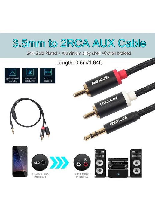 3 шт. чёрных аудиокабелей 3.5 мм на 2 RCA, 3 шт, фото 2