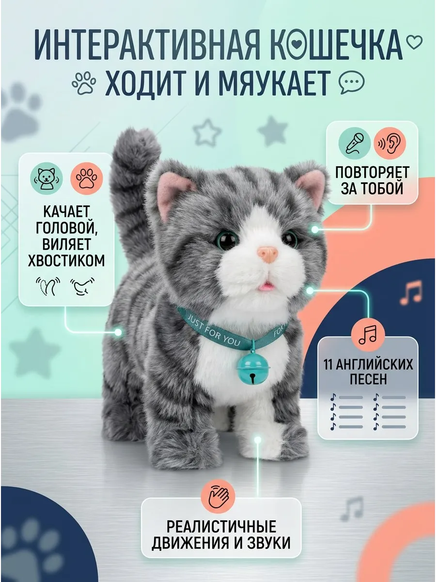 Мягкая интерактивная музыкальная развивающая игрушка кошечка