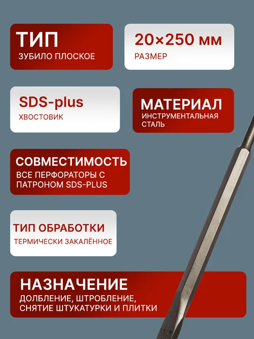 Зубило ручное по металлу слесарное плоское 20x250мм SDS-Plus — фото 2