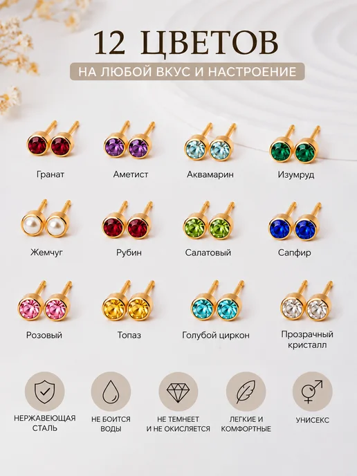 Серьги - гвоздики, нержавеющая сталь, 1 пара, 4 мм, белый, фото 3