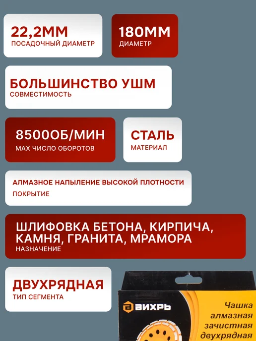 Чашка алмазная по бетону двухрядная 180 мм — фото 2