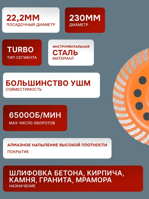 Чашка алмазная по бетону Турбо 230 мм — фото 2