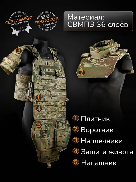 Стена Бронежилет тактический штурмовой Комплект Атаман с СВМПЭ Бр2, коричневый, фото 2