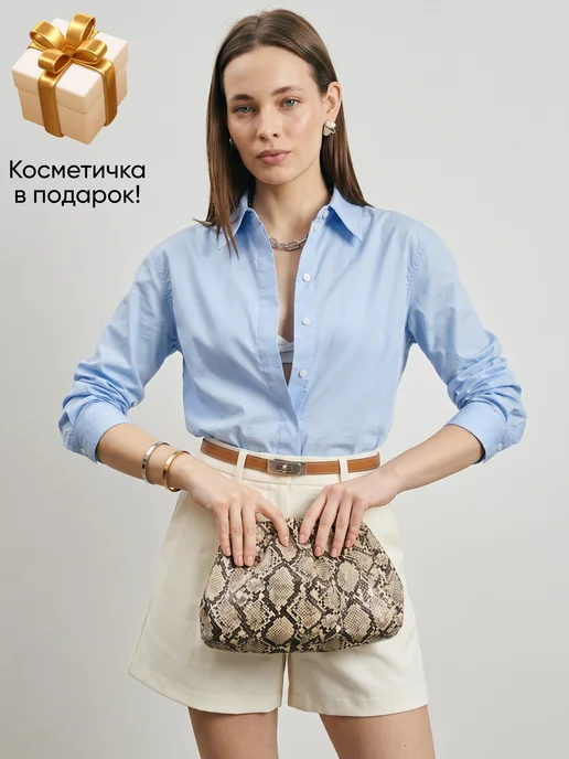 Сумка средняя клатч с анималистичным змеиным принтом, бежевый, фото 2