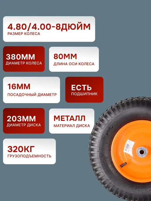 Колесо для тачки садовой пневматическое 380 мм 90-1/110-1 — фото 2