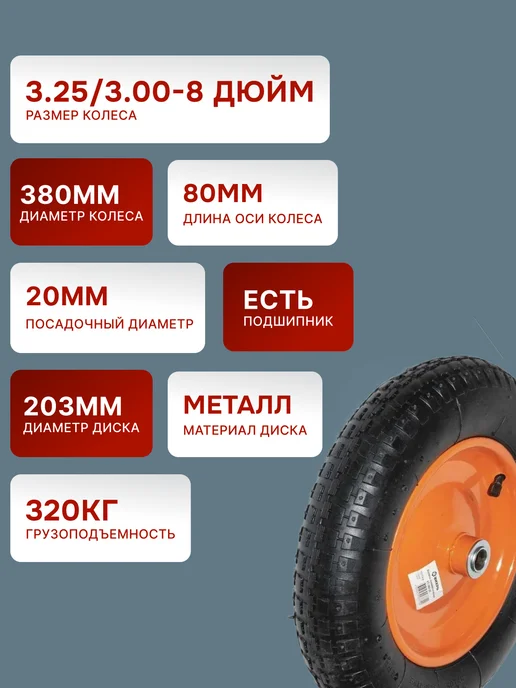 Колесо для тачки садовой пневматическое 380 мм 110-2 — фото 2