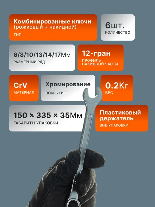 Набор комбинированных ключей для автомобиля 6 шт. 6 - 17 — фото 2