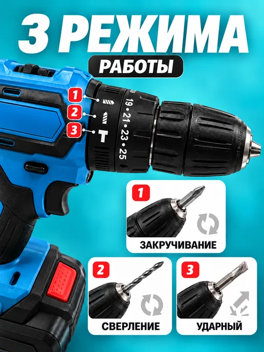 Шуруповерт аккумуляторный мощный дрель ударный, синий, фото 2