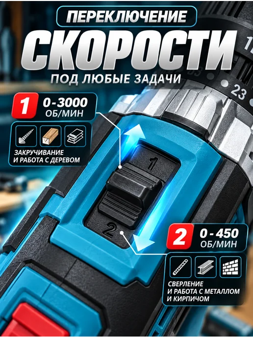Шуруповерт аккумуляторный мощный дрель ударный, синий, фото 5