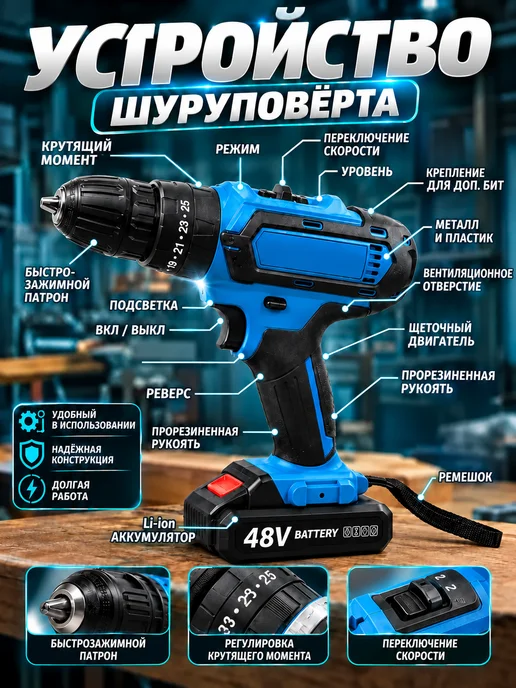 Шуруповерт аккумуляторный мощный дрель ударный, синий, фото 8