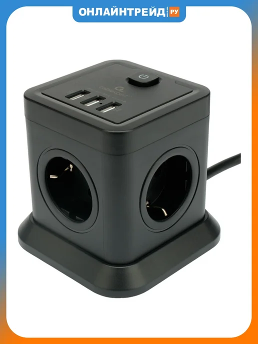 Cablexpert Сетевой фильтр Tower TWR-4-U3-B-3 4 розетки, 3xUSB, 3.1А, черный