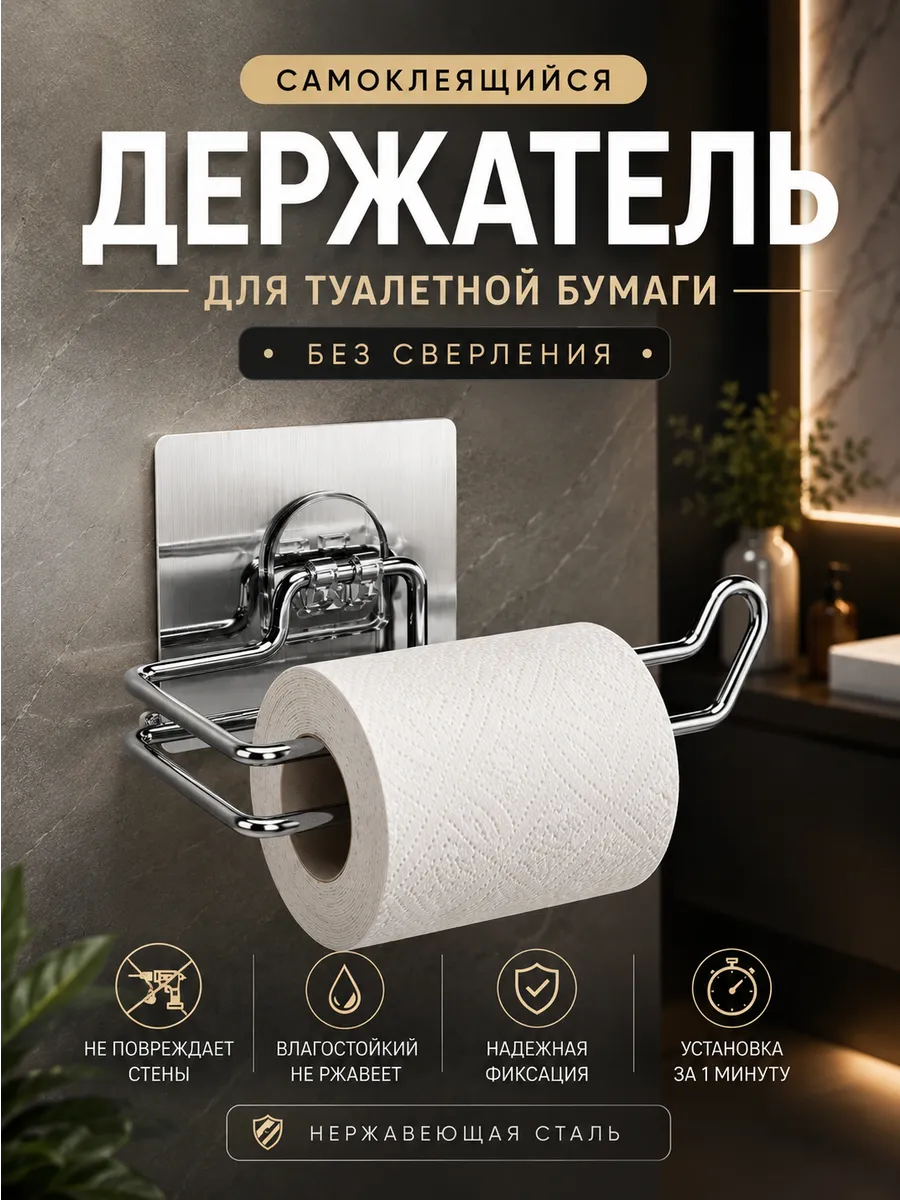 Держатель для туалетной бумаги, настенный, самоклеящийся