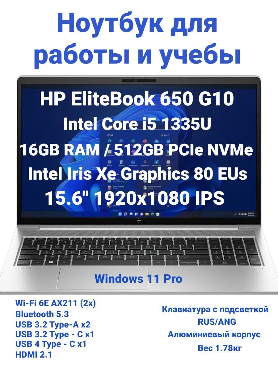Ноутбук 15.6 EliteBook 650 G10 для учебы и работы HP 628801790 купить в интернет‑магазине Wildberries