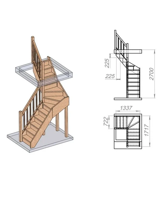 StairShop Лестница деревянная межэтажная проем 1340х1340 мм (левая), 1340x1340 мм, фото 3