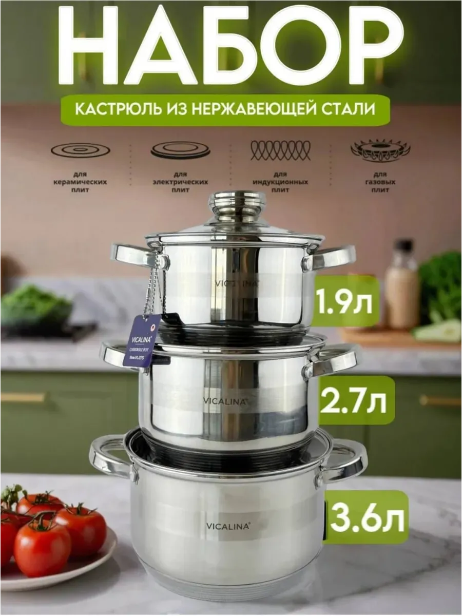 Набор кастрюль со стеклянными крышками стальные 3 штуки