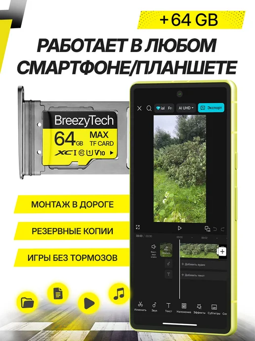 BreezyTech Карта памяти для телефона и фотоаппарата 64 гб MicroSD, 64 ГБ, фото 4