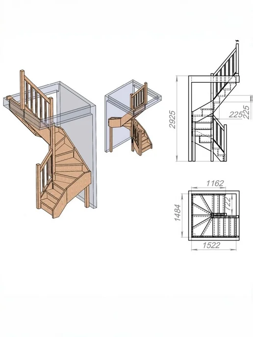 StairShop Лестница деревянная межэтажная проем 770х2447 мм (левая), 1490x1525 мм, фото 3