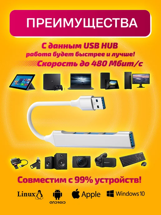 Dream Tech USB HUB 2.0 разветвитель, серый, фото 3