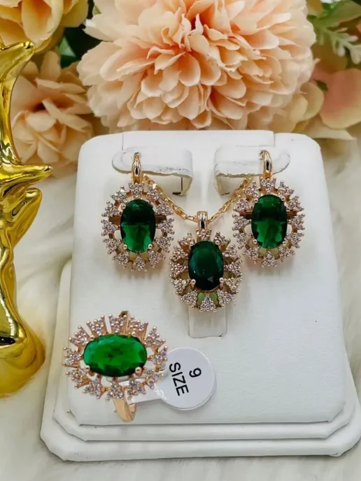 Madina Market Комплект бижутерии серьги кулон и кольцо с круглым камнем, желтый