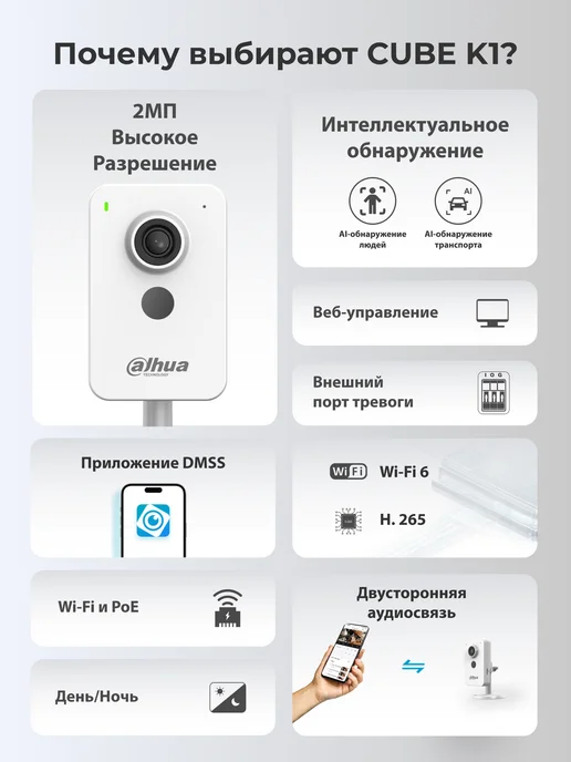 Dahua Wi-Fi камера Cube C2K-P 2Мп 2.8мм, RJ45 PoE, ИИ обнаружение, белый, фото 2