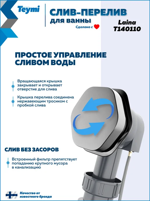 Teymi Слив-перелив для ванны полуавтомат хром Laina T140110, серый, фото 4