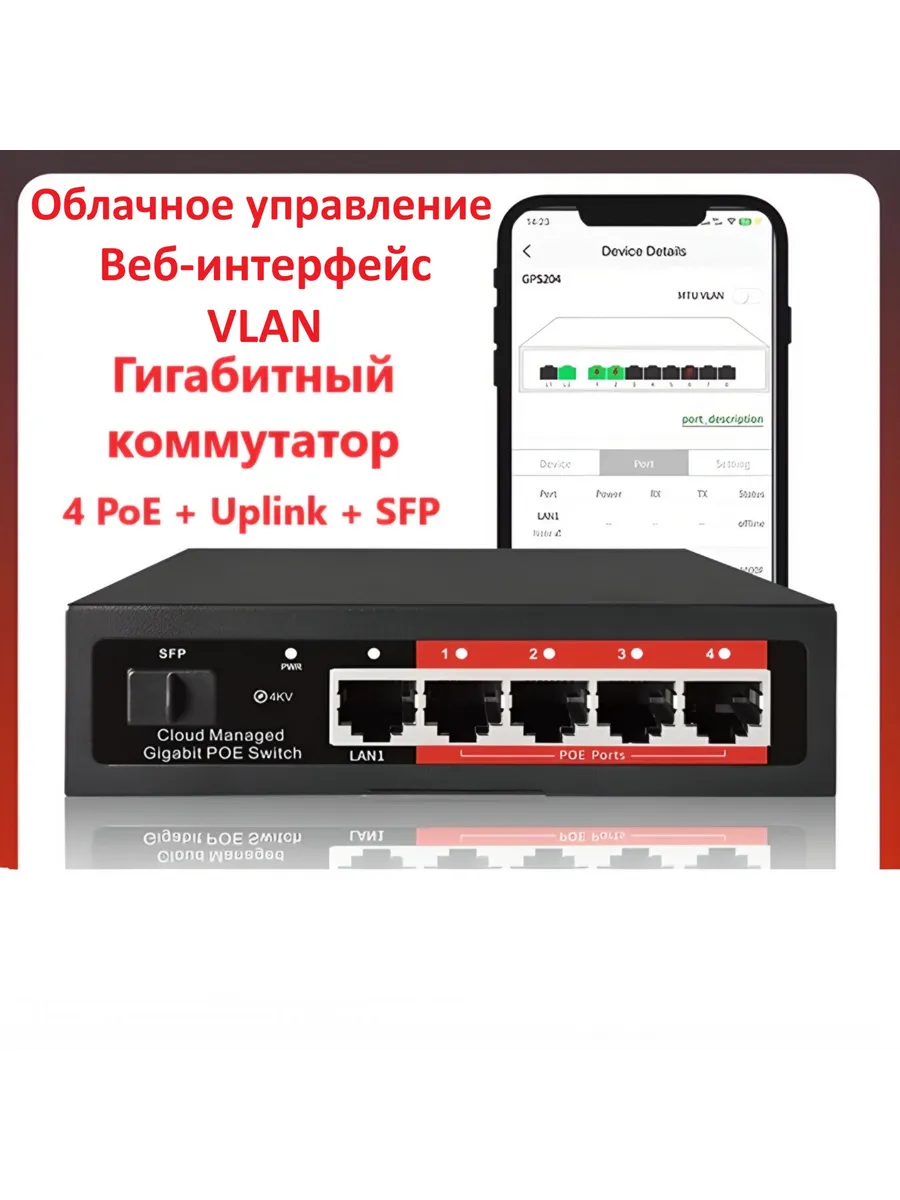 GPS204 Коммутатор Управляемый VLAN Гигабит 4PoE+Uplink+SFP