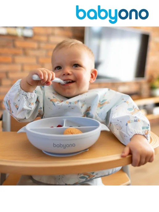 Babyono Миска детская силиконовая, с присоской и крышкой, 6 мес.+, голубой, фото 7