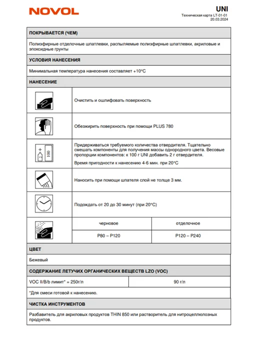 NOVOL Новол Шпатлевка Uni 0.25 кг. арт.1100, 250 г, фото 3